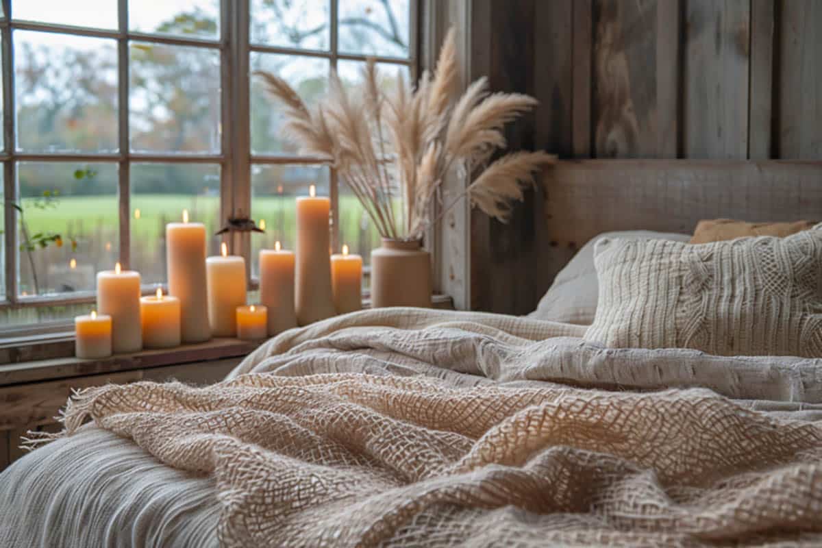 Cozy bedroom with display of faux candles on windowsill 