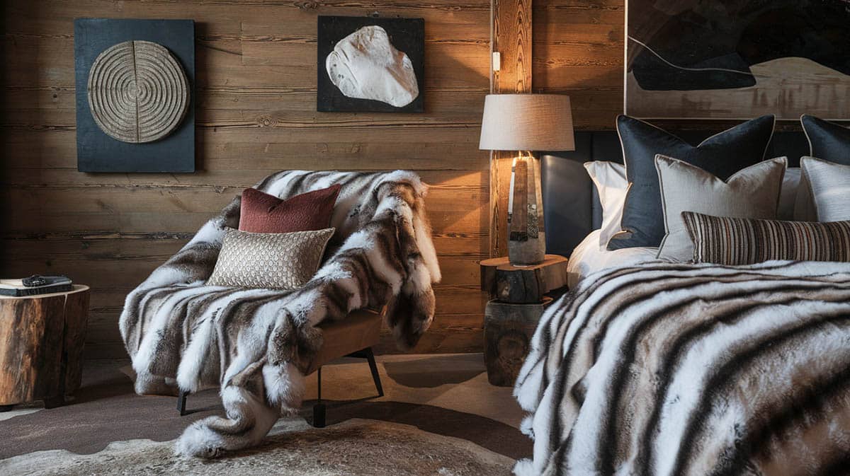 Cozy styled bedroom with faux fur blacks and throws