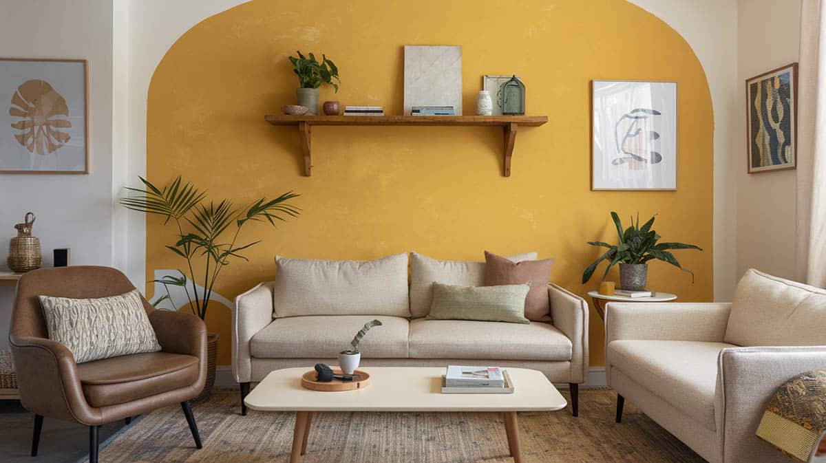 Cozy living room with sunny yellow accent wall 