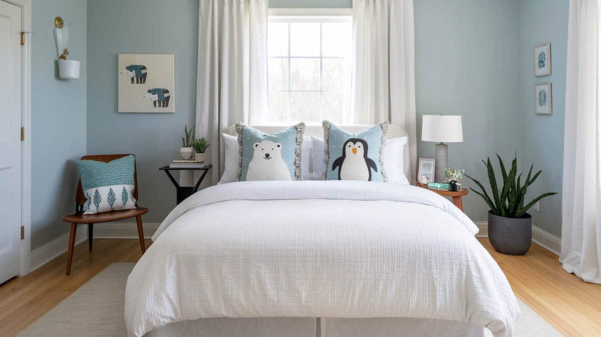 Fun bedroom with decorative penquin and polar bear pillows for a winter feel