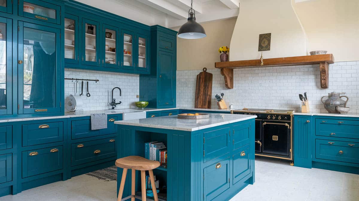 Kitchen with dark teal color cabinetry