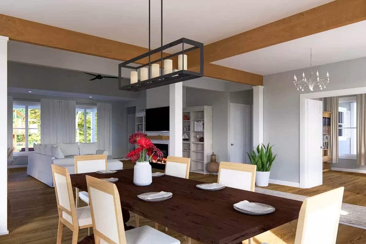 Dining room with wood beams