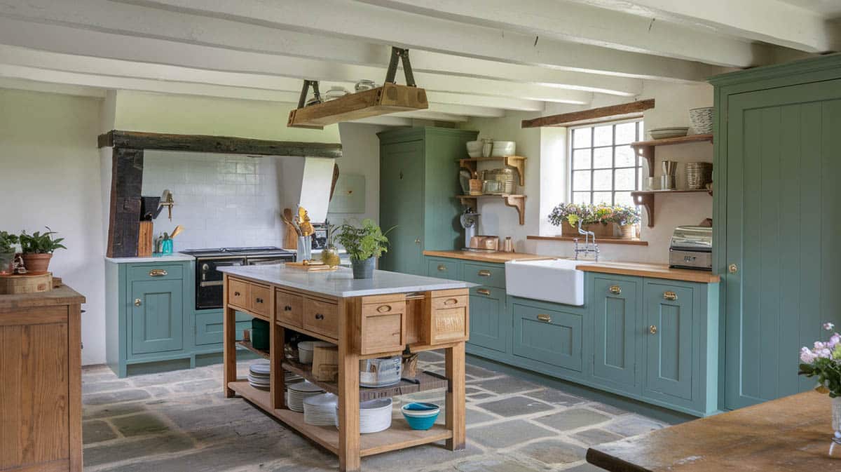 English cottage style kitchen with cabinets painted in green, stone floors and painted wood beam ceiling