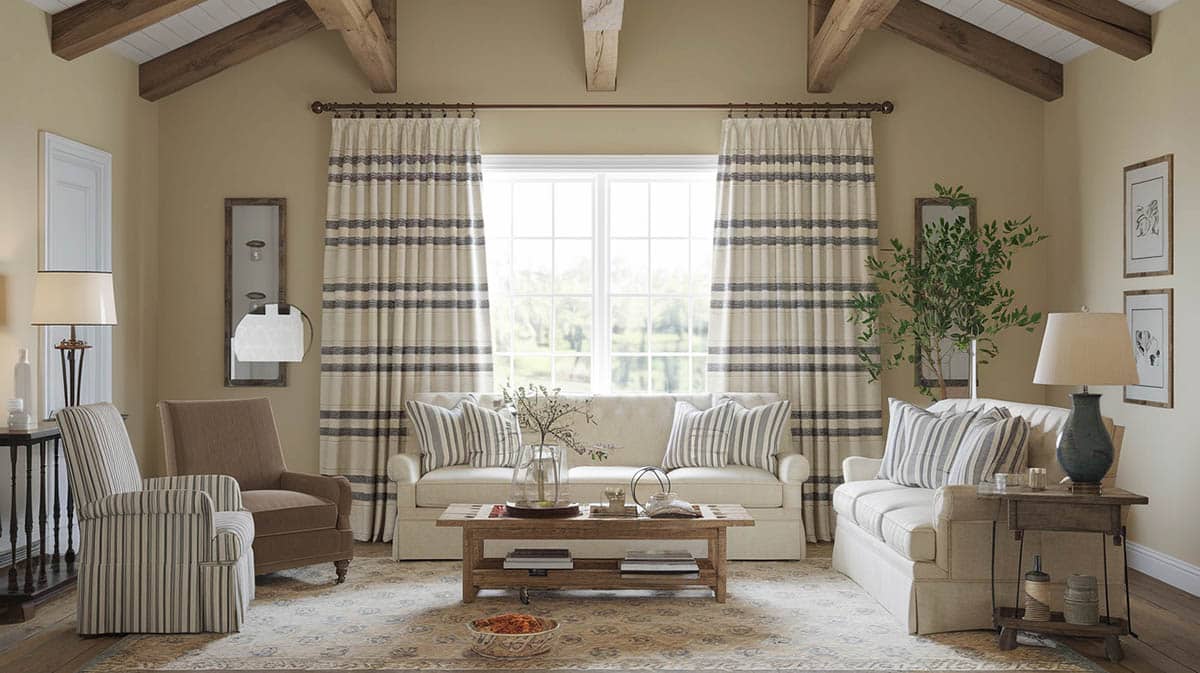 Farmhouse room with striped patterned curtains