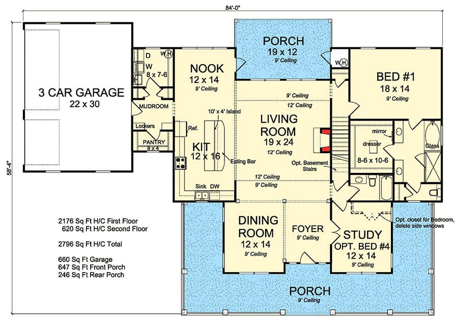 Farmhouse floor plan with wraparound porch and 3 car garage