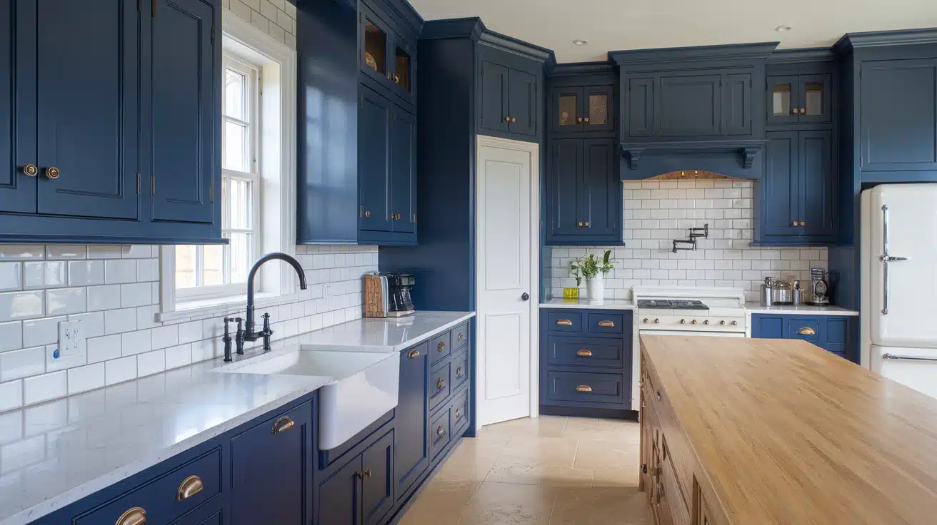 Farmhouse kitchen with subway-style backsplash navy painted cabinets and wood island