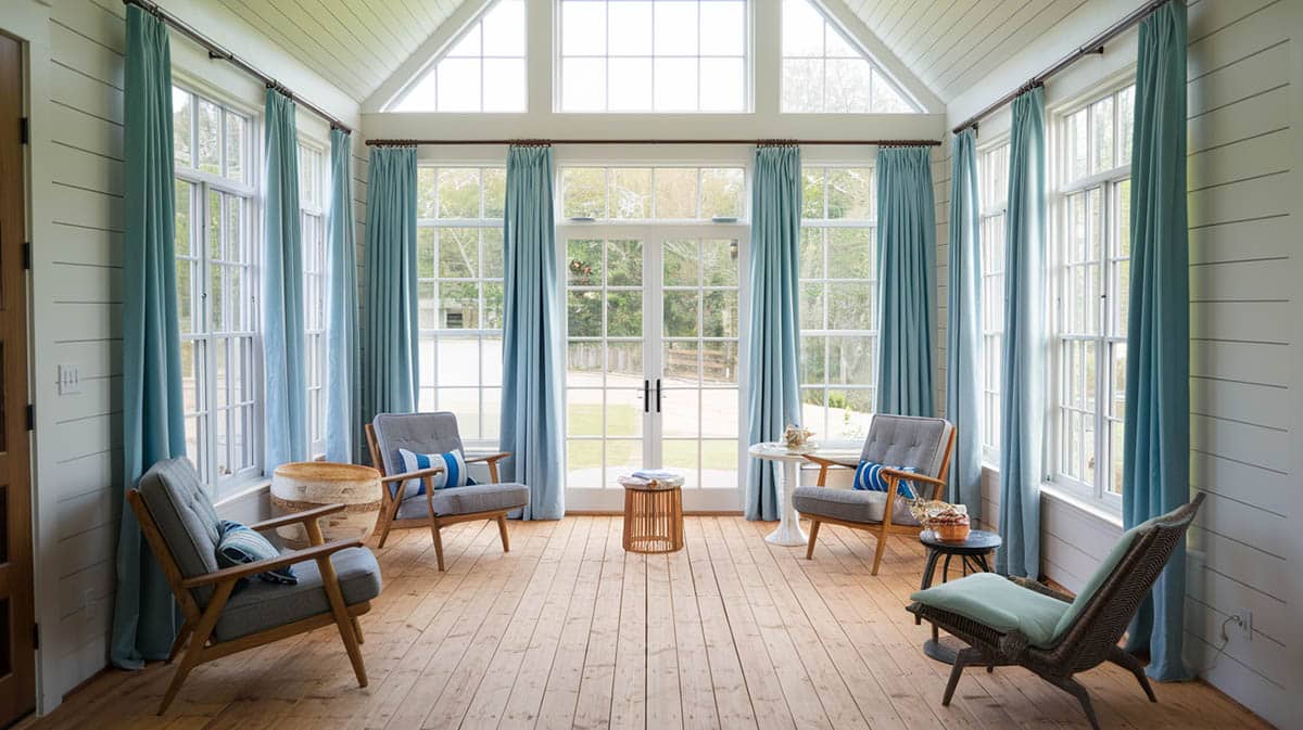 Farmhouse style sunroom with board and batten walls and blue curtains