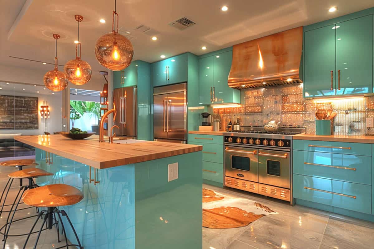 Kitchen featuring glossy cabinets in teal green with brass hardware pulls 