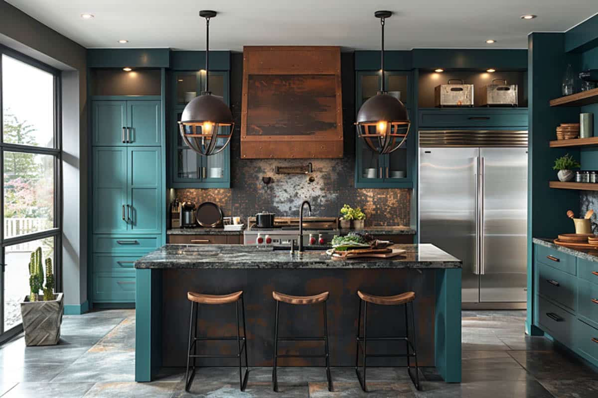 Industrial kitchen with cabinets painted in teal, brushed metal backsplash and wood open shelving