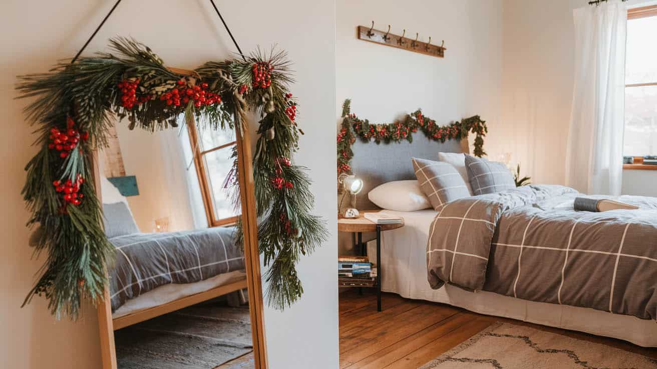 Inviting bedroom with pine berry garlands along bedframe and mirror