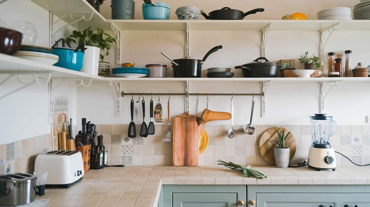 Kitchen with cluttered shelving