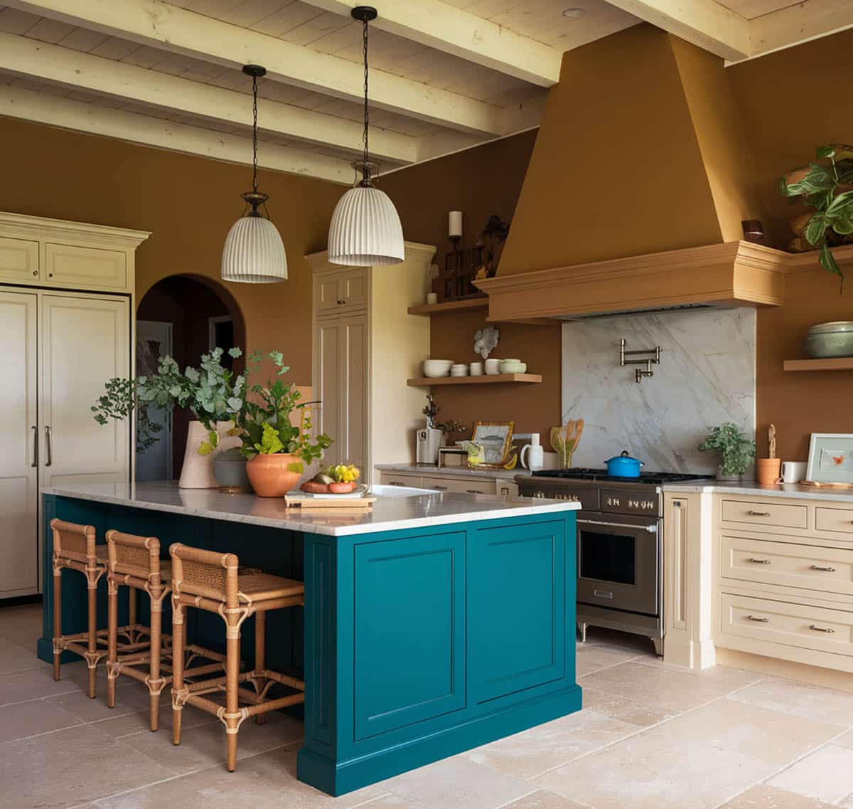 Deep teal shaded island matched with cream cabinets and rich brown wall paint