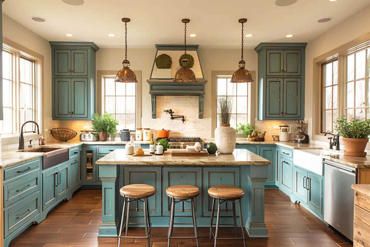 Off-white wall paint and green cabinets with brass pendants