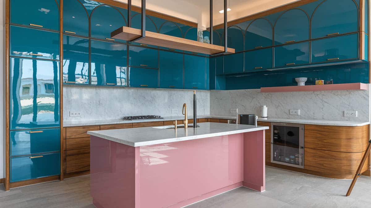 Teal paired with pink for cabinets and island