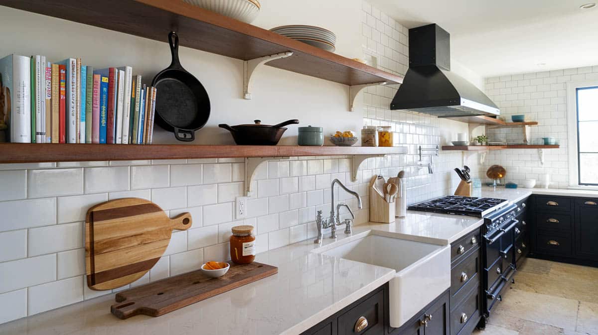 Kitchen with shelving and sun faded cookbooks