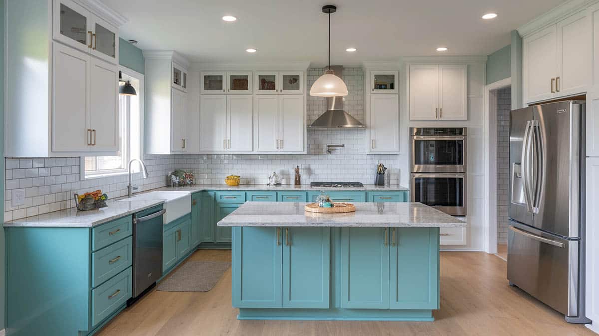 Kitchen with teal base cabinets and white upper cabinets with subway tile backsplash