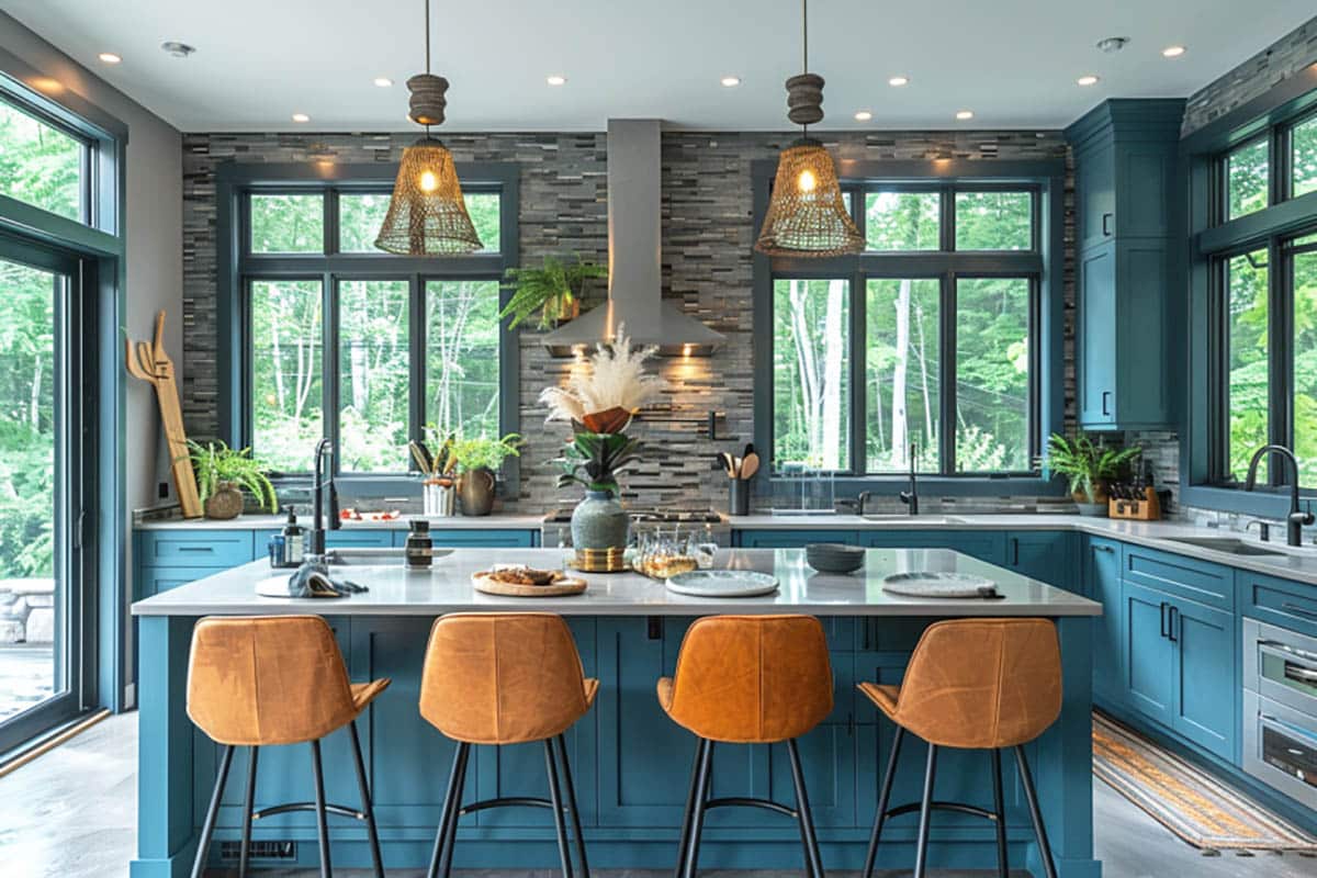 Luxury kitchen with wall of windows, teal-green cabinetry, gray walls and mosaic backsplash