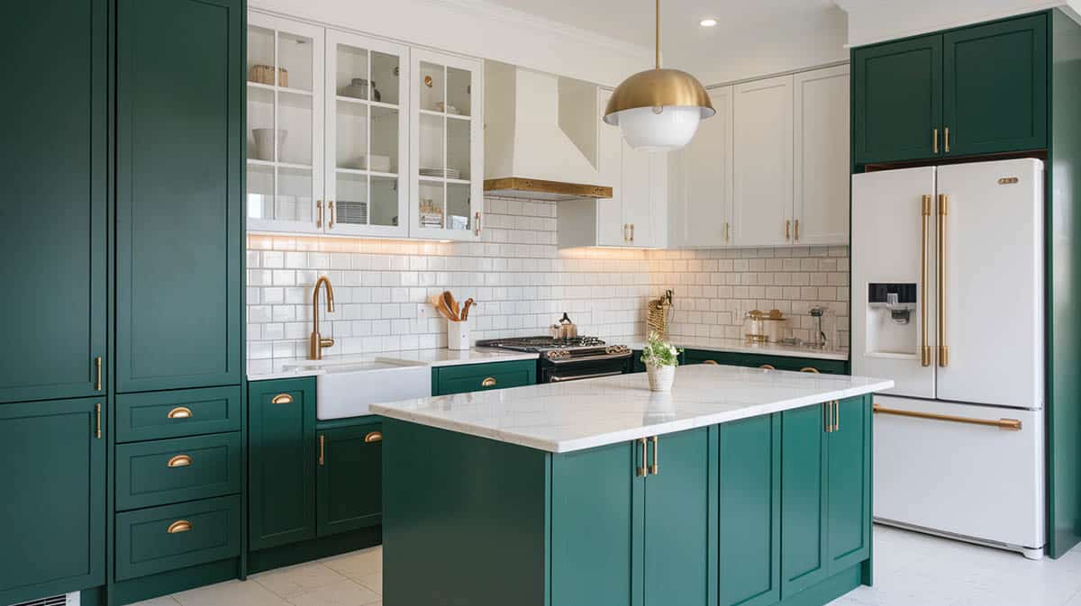 Two tone cabinets with rich green lowers and white uppers, gold finishes and white quartz surfaces