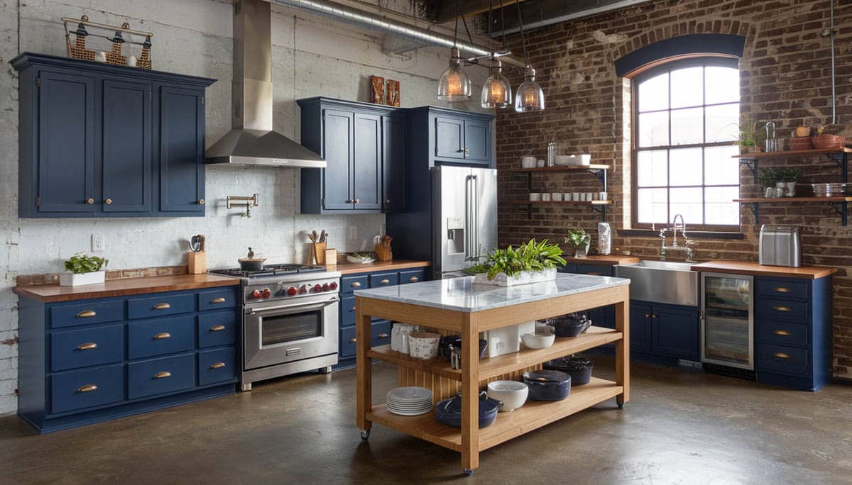 L shaped industrial kitchen with navy hued cabinets, wood countertops and brick wall