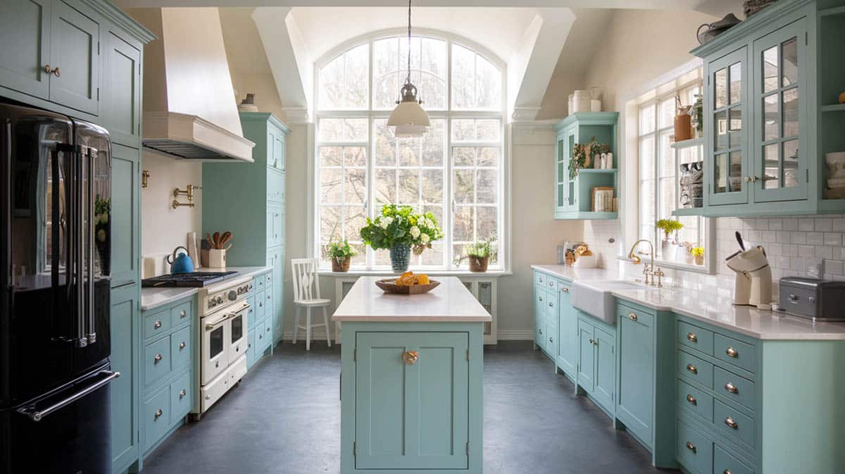 Light teal kitchen cabinets with glass doors and narrow island 