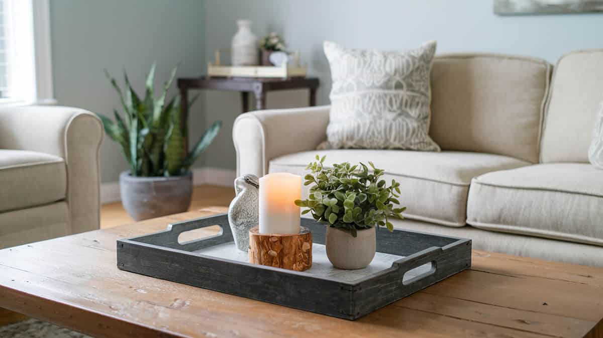 Room with table and decorated tray with plant and candle