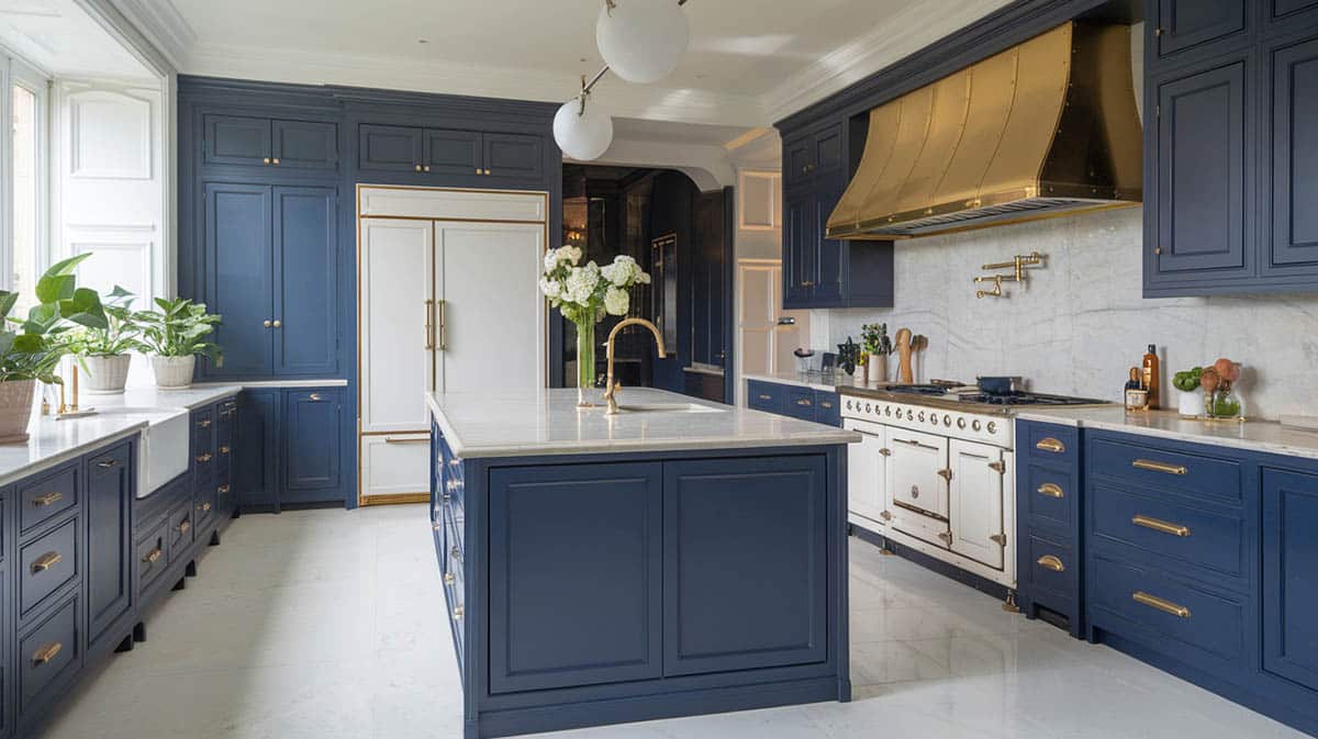 Luxury kitchen with dark cabinets, white appliances and large window with natural light