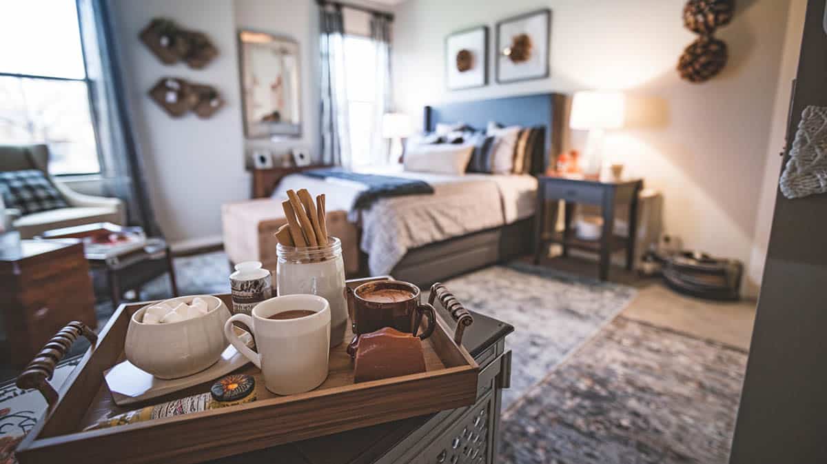 Master bedroom with mini hot cocoa bar on tray with mugs