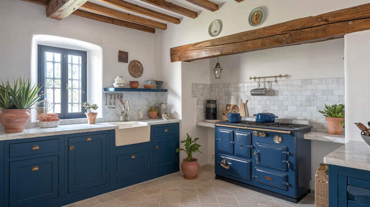 Mediterranean kitchen with dark cabinets, gray backsplash and beige tile flooring