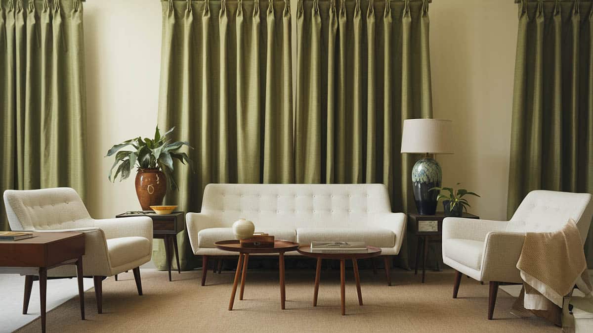 Mid century modern room with olive green curtains