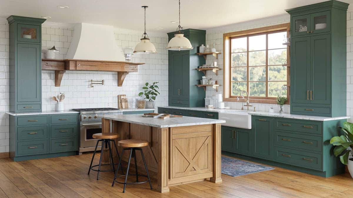 Modern farmhouse kitchen with dark green cabinets and wood island