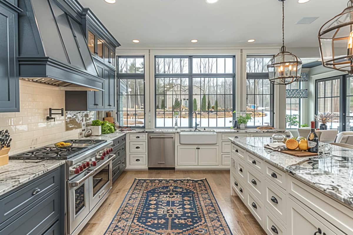 Modern farmhouse kitchen with two tone cabinets with white and navy