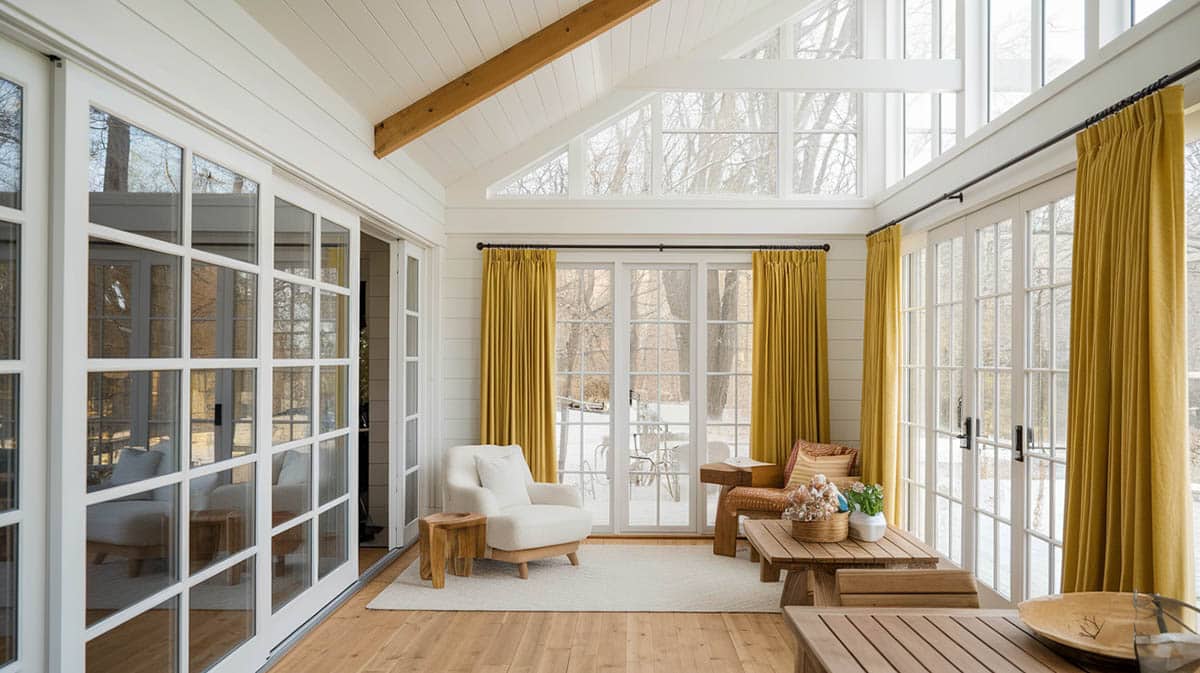 Modern farmhouse sunroom with bright yellow curtains painted white ceiling boards and wood plank floors