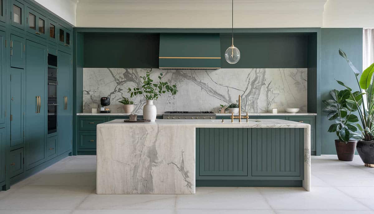 Modern-style kitchen with cabinetry with green hue and marble stone slab backsplash and counters