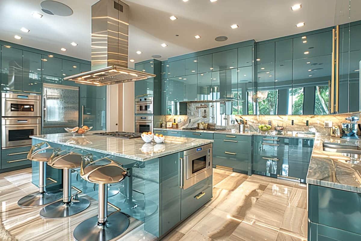 Modern design kitchen with glossy teal toned cabinets and metallic hardware