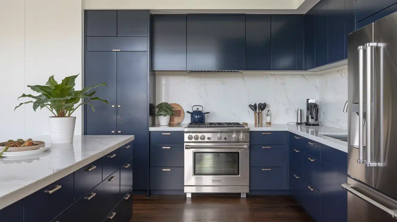 Modern kitchen with navy color cabinets and white marble countertops