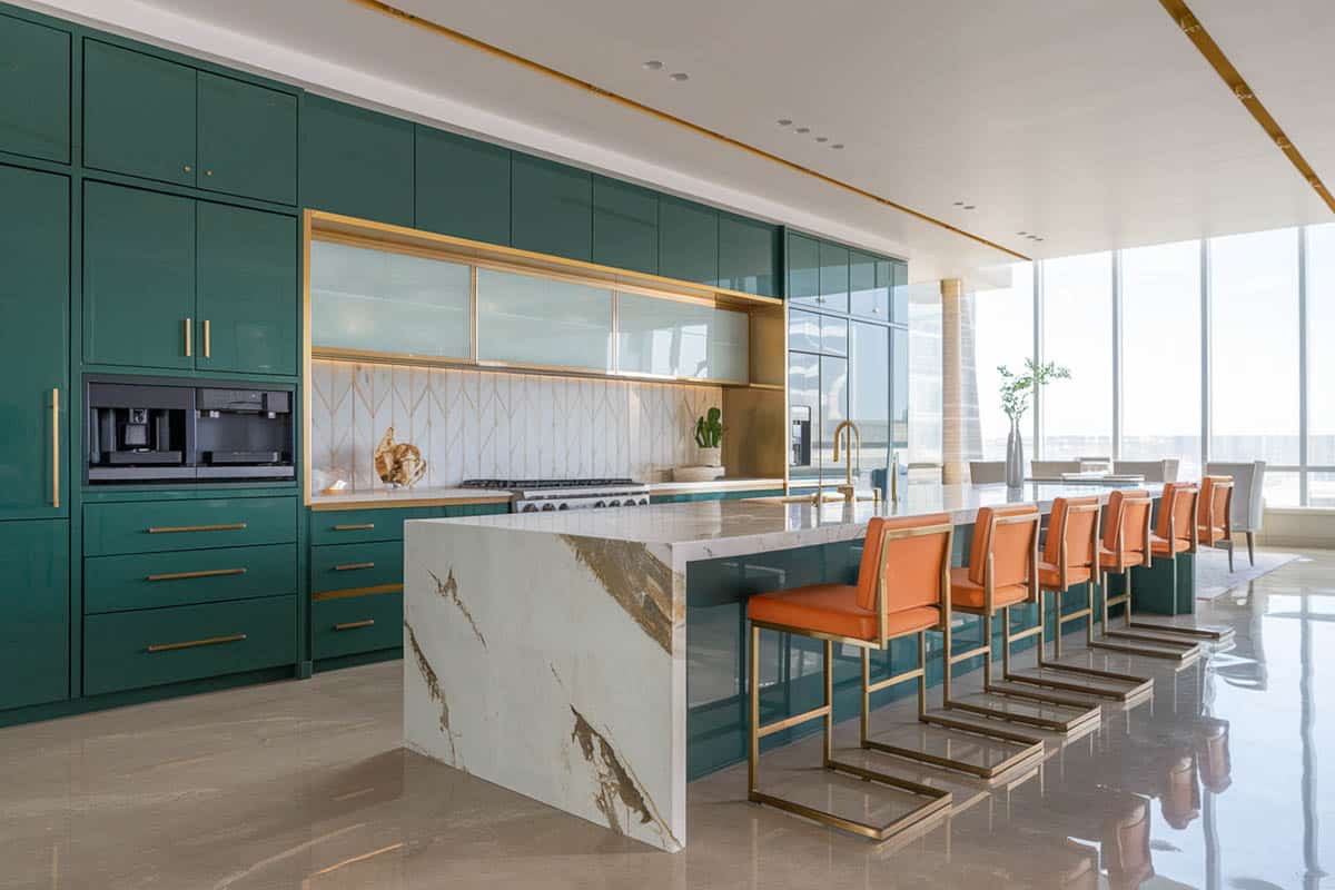 Modern kitchen with forest color cabinets, marble waterfall island and gold hardware finishes