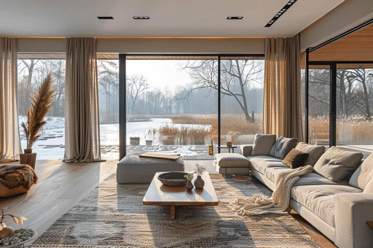 Modern minimalist living room with beige curtains 