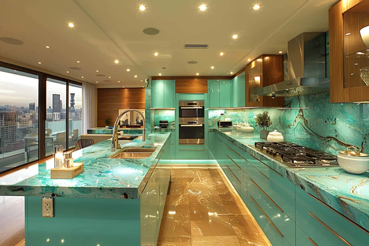 Modern teal and brown kitchen with aquamarine color stone countertops and backsplash