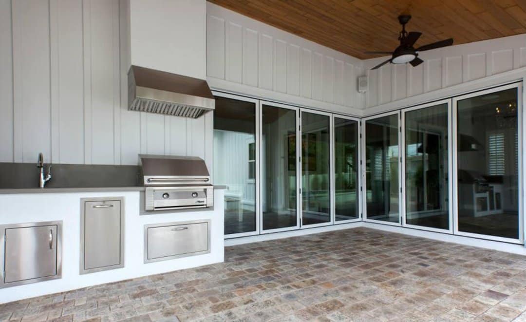 Patio with outdoor kitchen and concrete counters