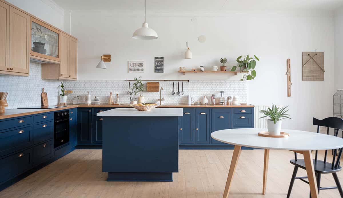 Scandinavian kitchen design with navy lower cabinets and wood grain uppers with wood countertop and quartz island