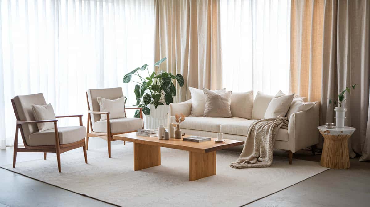 Scandinavian room with cream curtains