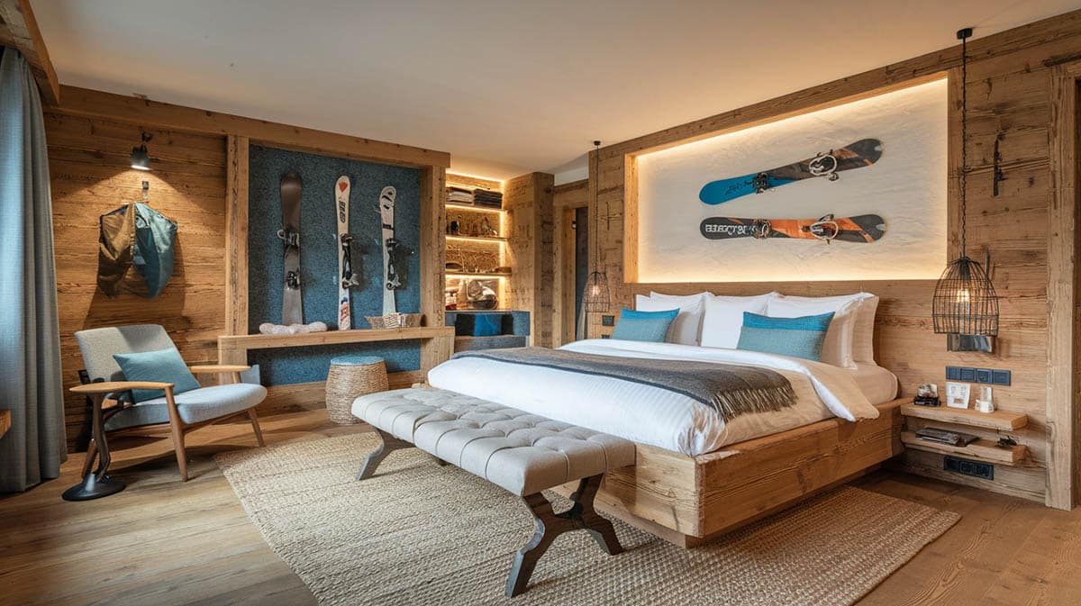 Ski chalet bedroom theme with cozy atmosphere