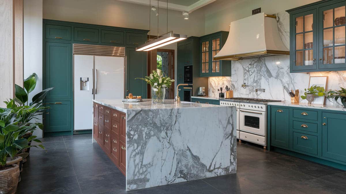 Stunning deep green cabinet kitchen with gold pulls, marble slab counter and backsplash 