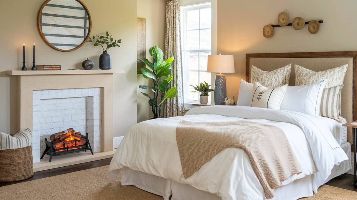 Stylish bedroom with faux fireplace hearth and comfy bedding