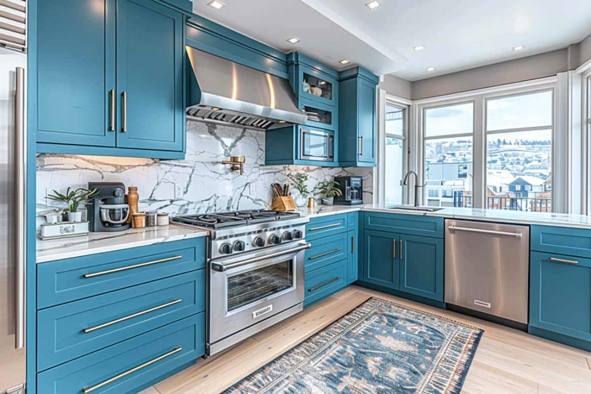 Teal and brushed nickel hardware cabinets with solid slab quartz backsplash