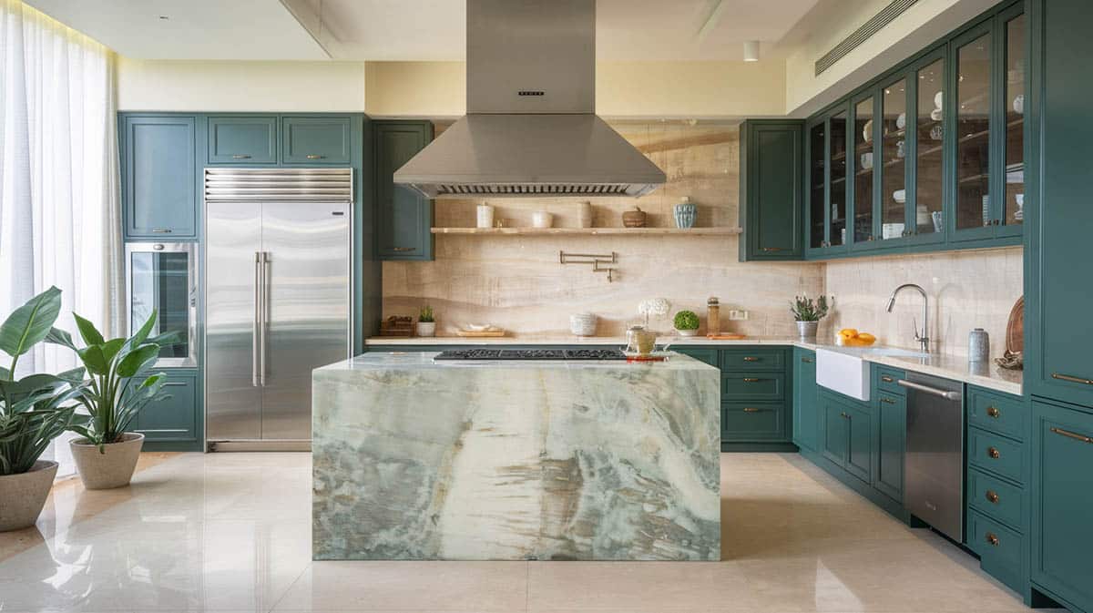 Stylish kitchen with green cupboards with glass doors, glass slab backsplash and custom island