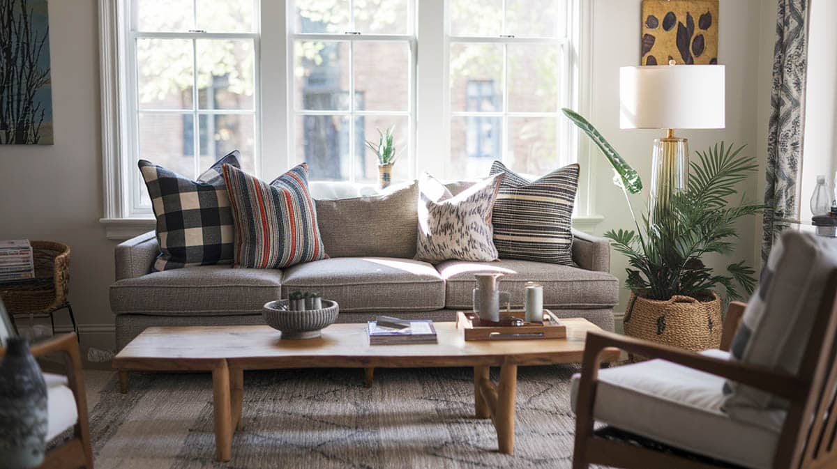 Stylish room with gray sofa and patterned throw pillows