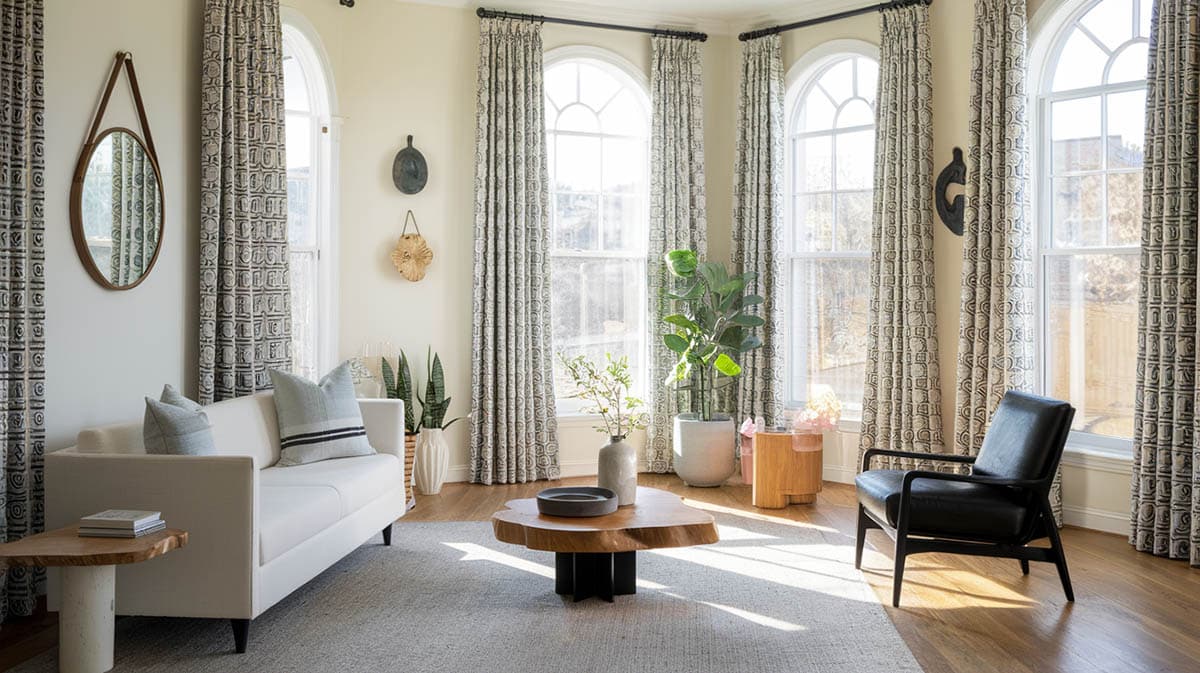 Sunroom with high ceilings and patterned curtains