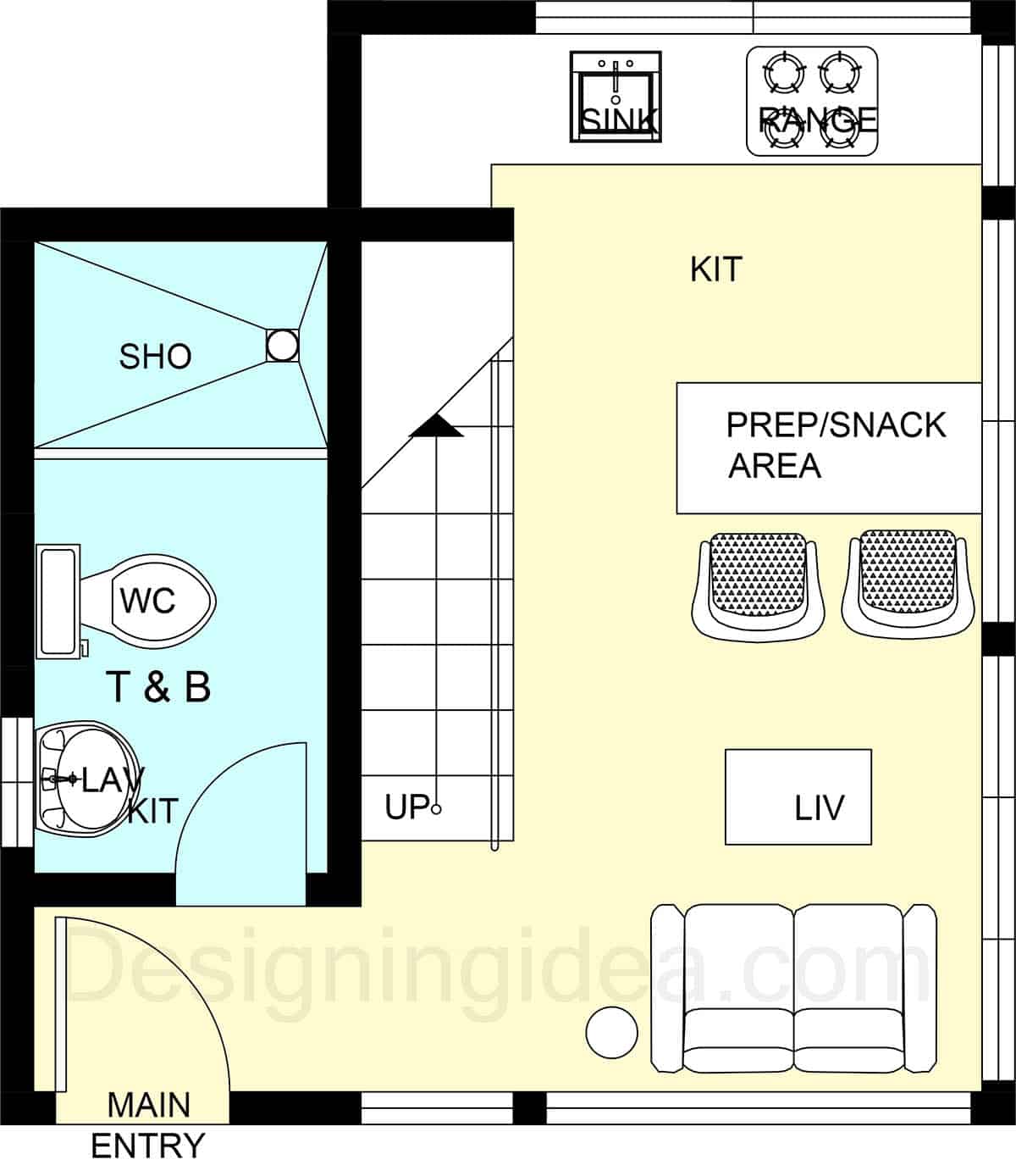 House with small plan and living area with wraparound windows