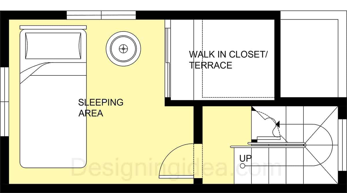 Tiny house upper level of loft with sleeping area and walk-in closet